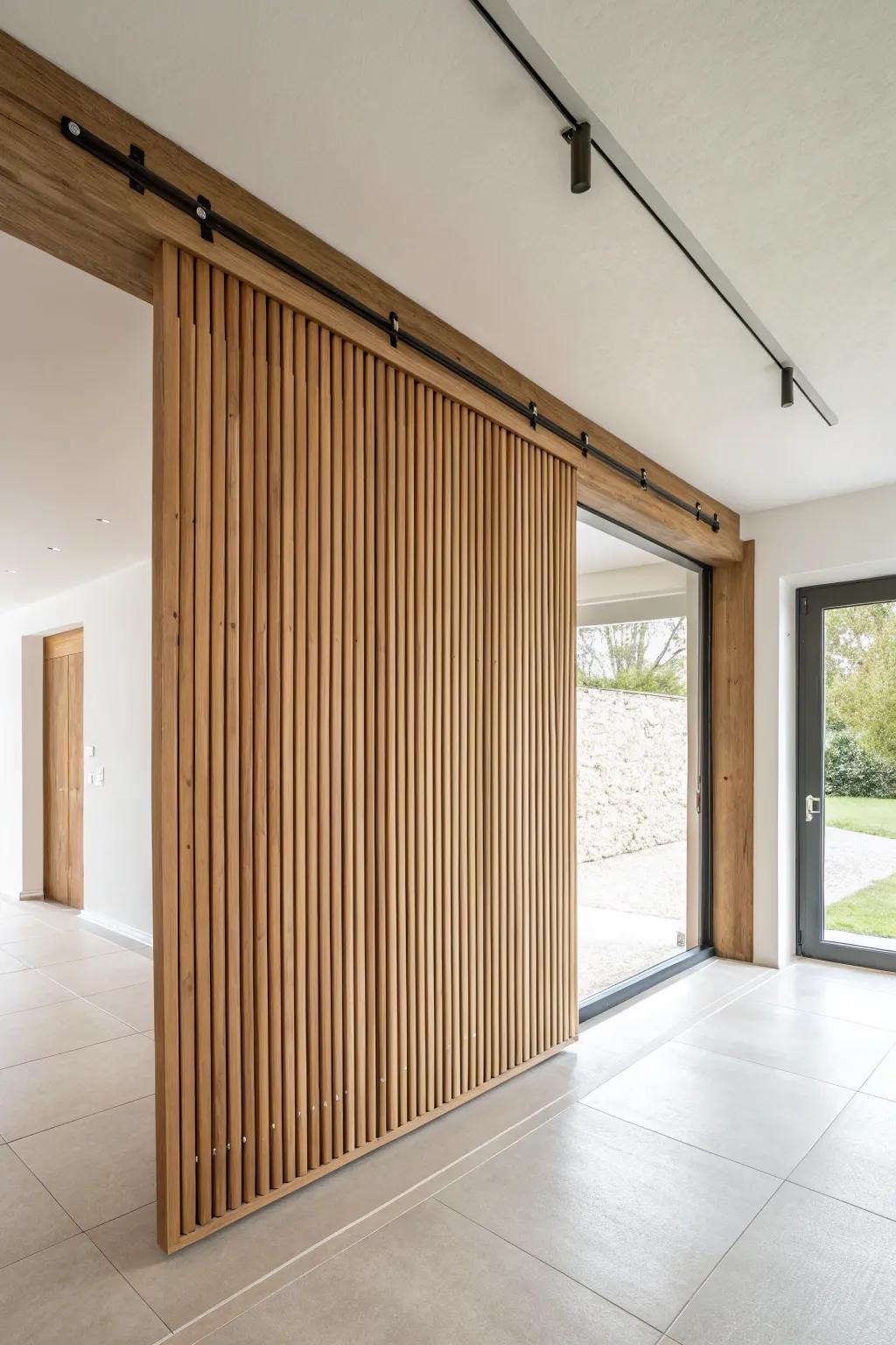 A sliding oak slat screen that makes a ceiling height change feel calm, intentional, and airy.