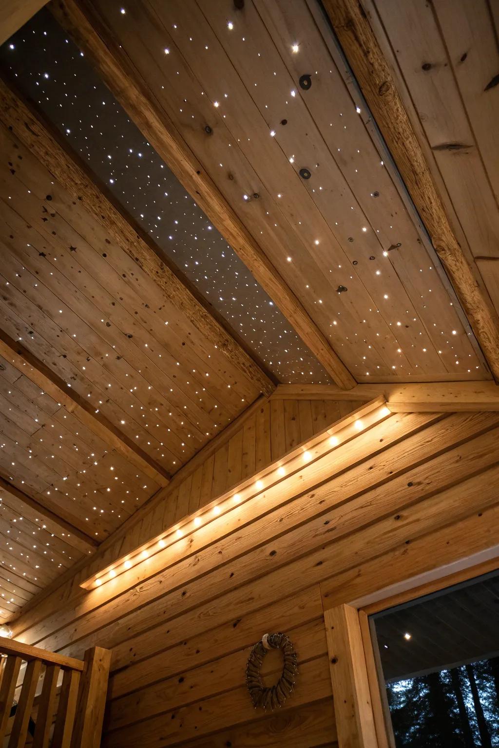 Warm fiber-optic “stars” scattered across a log cabin ceiling for cozy, magical nights.