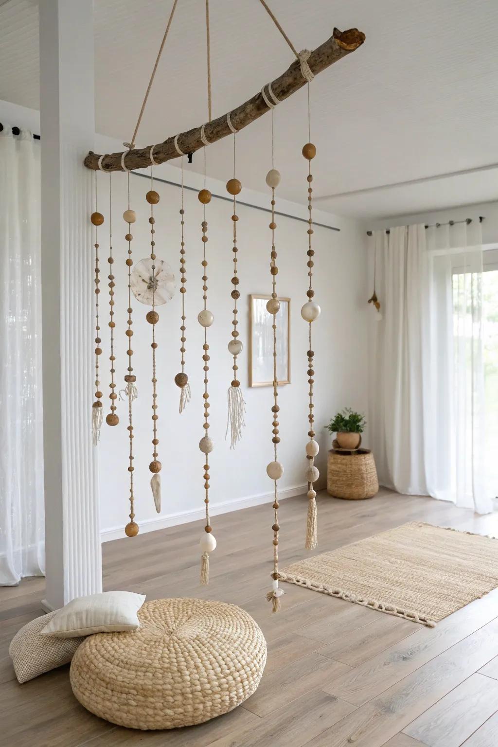 A ceiling-hung driftwood mobile divider—minimal, boho, and softly swaying with the light.