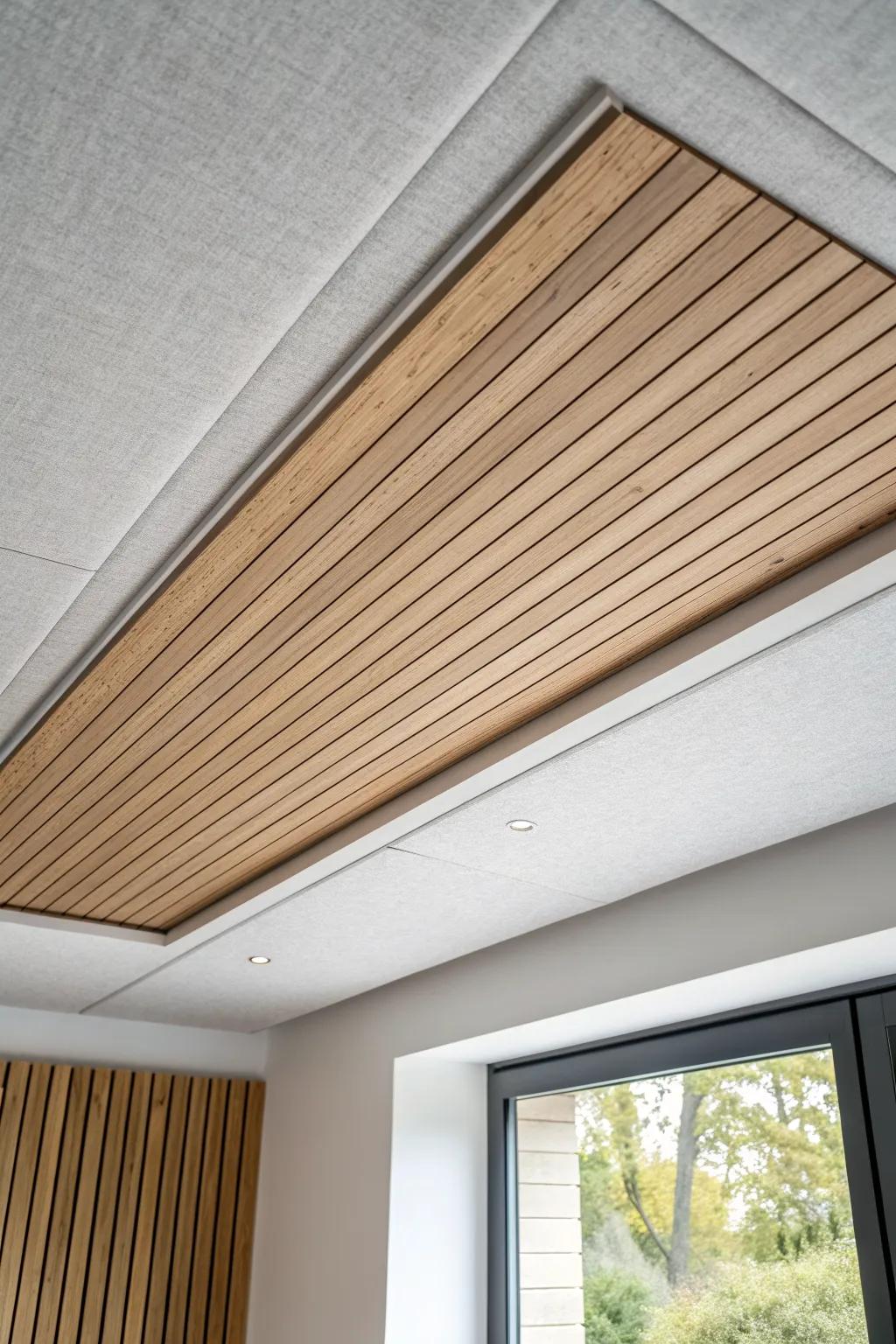 A slim acoustic felt band with oak battens makes the ceiling shift quieter—and beautifully defined.