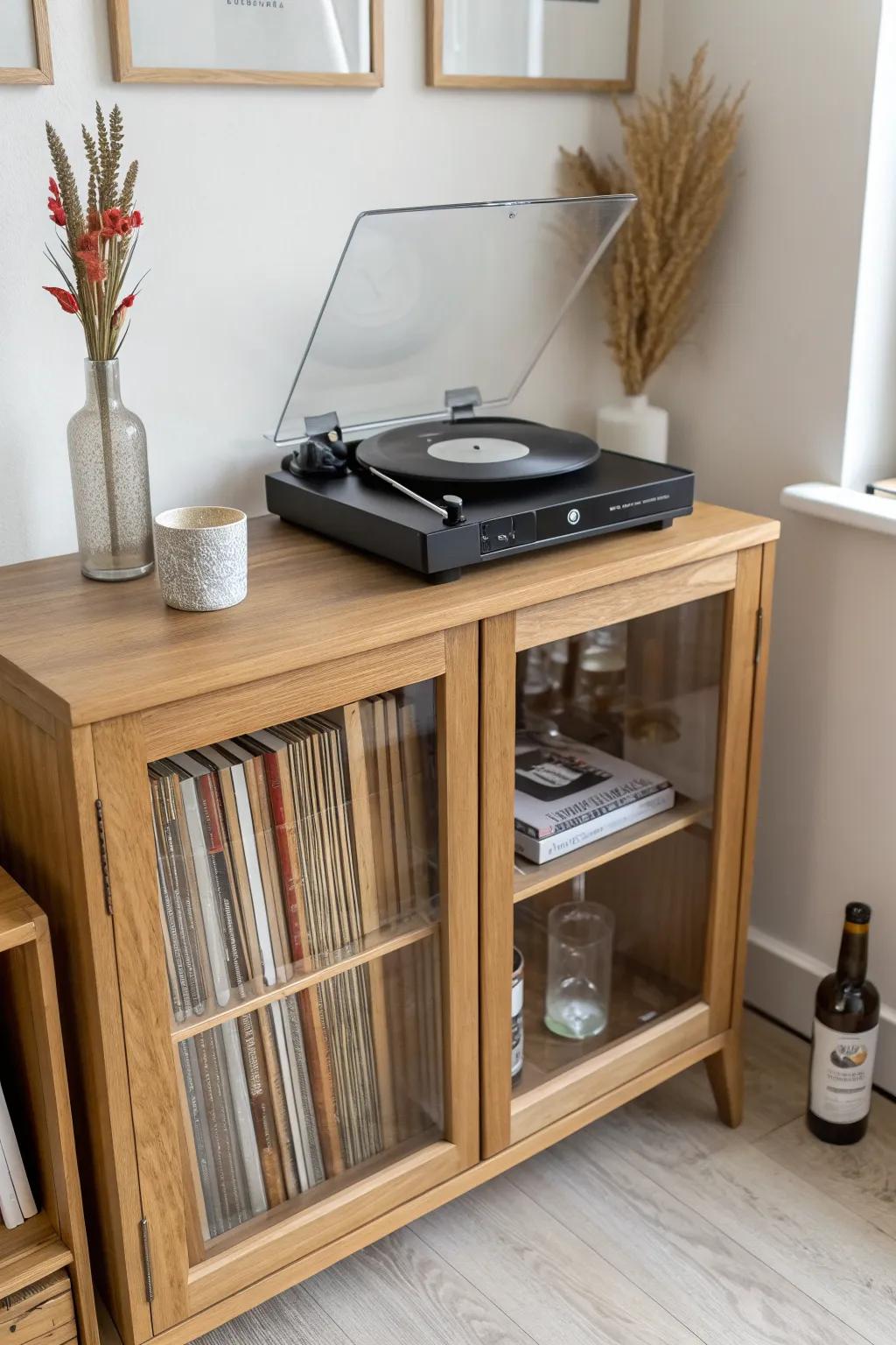 A china cabinet bar that doubles as a record nook—turntable on top, vinyl and bottles below.