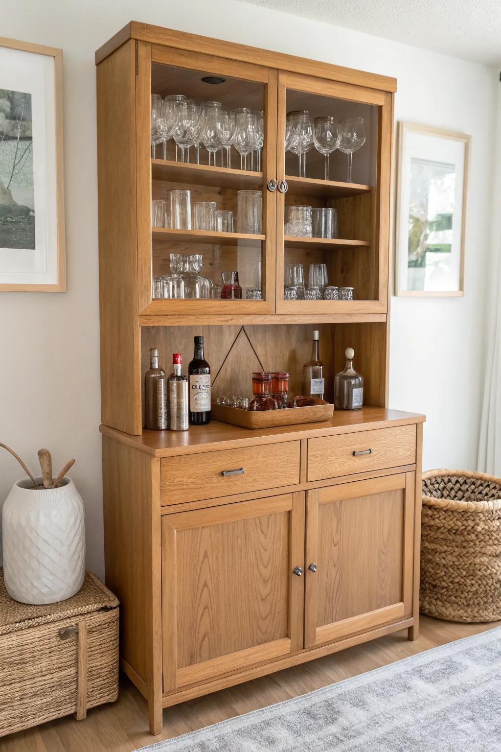 Turn a classic china hutch into a chic mini bar—glassware above, bottles neatly below.