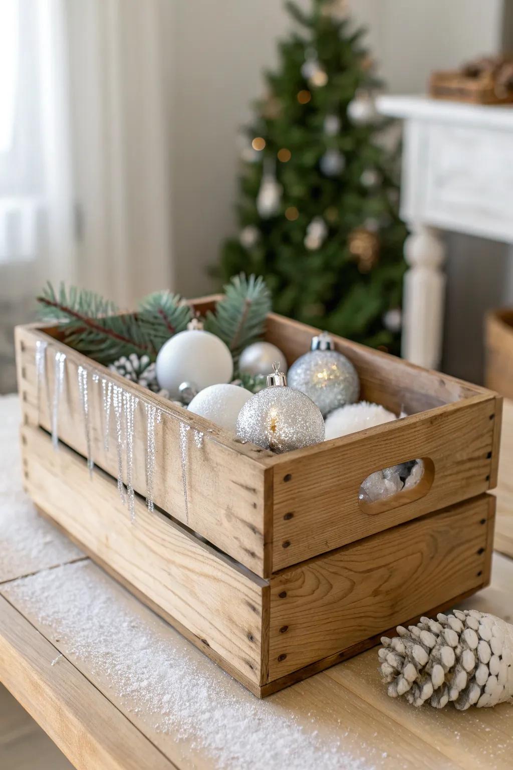 Clear resin “ice” drips turn a rustic Christmas crate into a chic winter centerpiece.