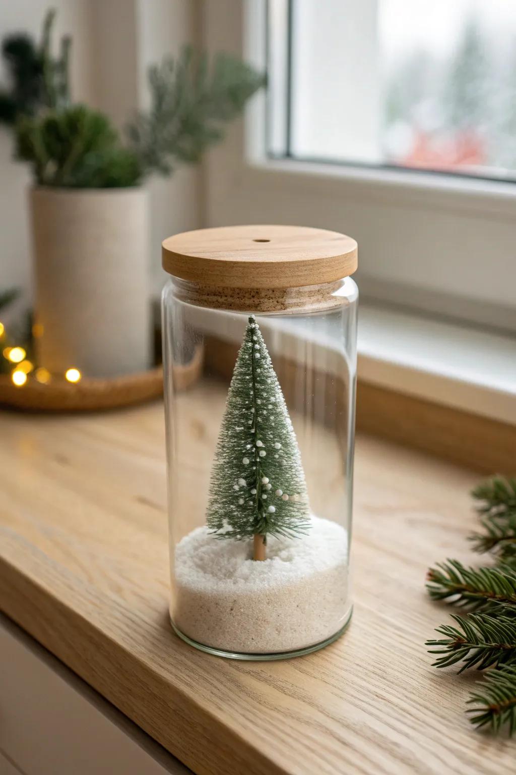 A sweet “sawdust snow” jar—tiny tree, soft wood snow, and cozy hutch-ready charm.