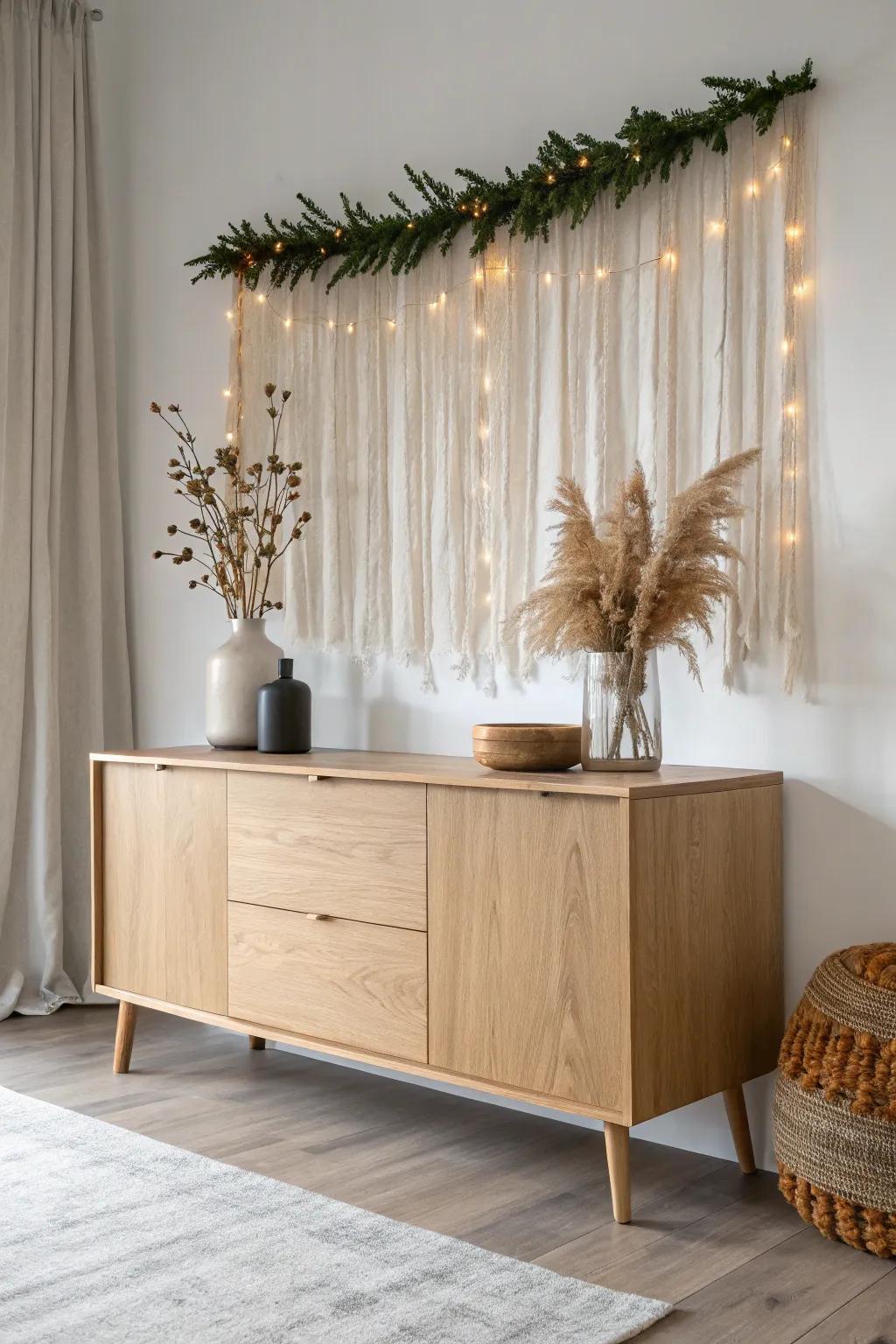A garland “curtain” turns your sideboard into a simple, stunning Christmas photo wall.