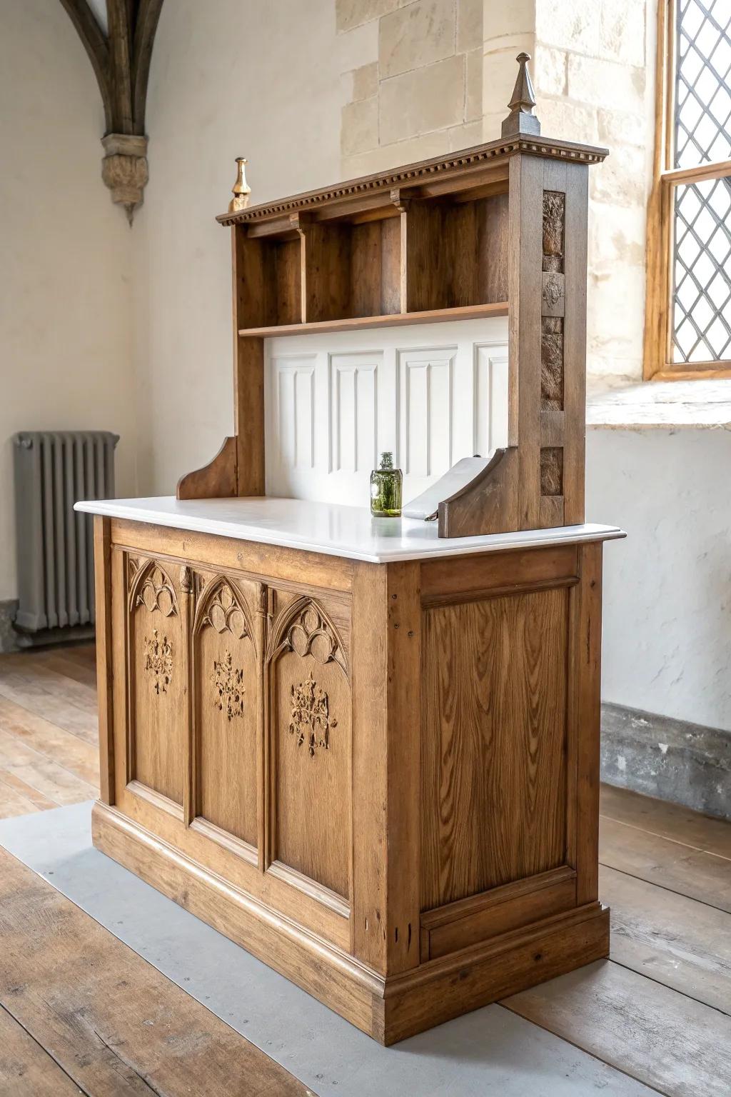 Upcycled pew end makes a minimalist coffee bar front, blending warm history with clean lines.