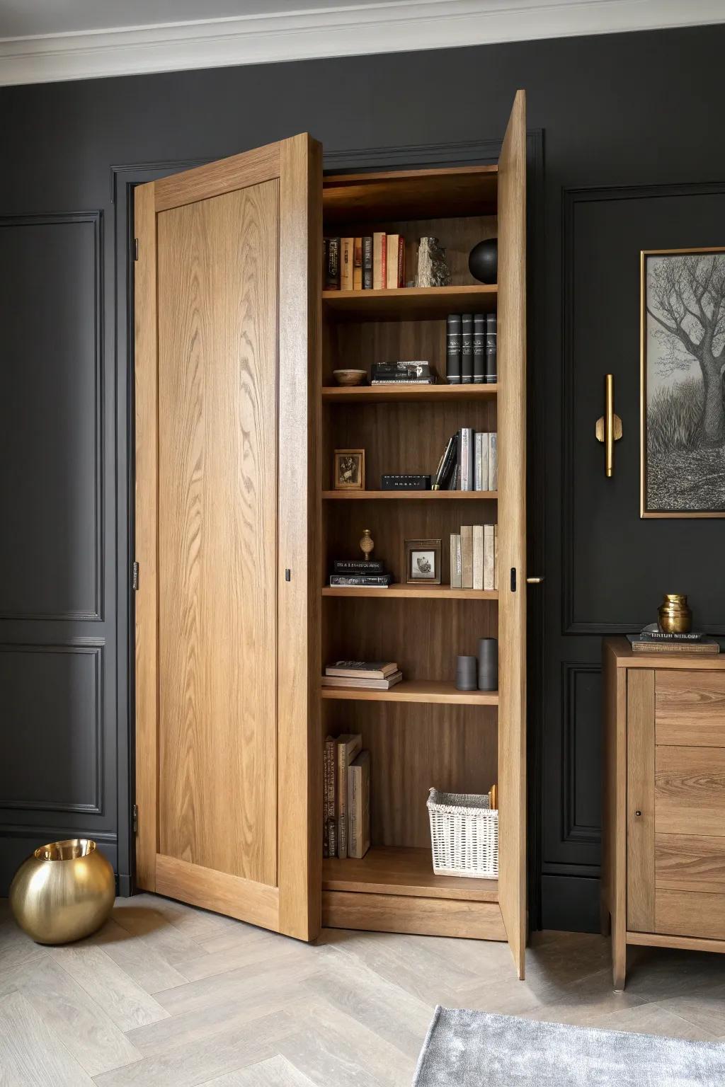 A hidden oak bookcase door—your secret cigar lounge hideaway with handcrafted style.