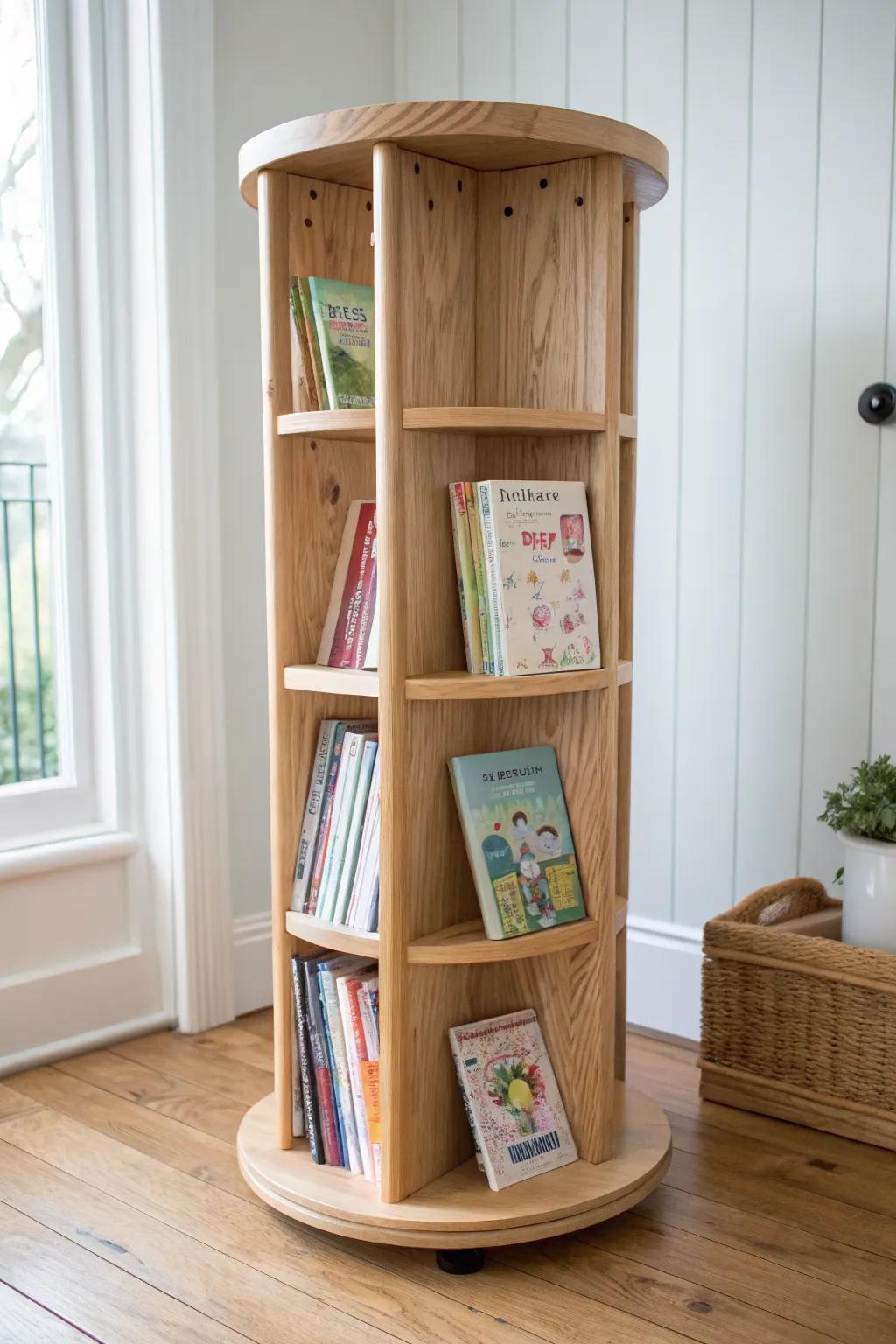 DIY rotating book carousel tower—compact classroom storage in warm wood, kids-proof spin.