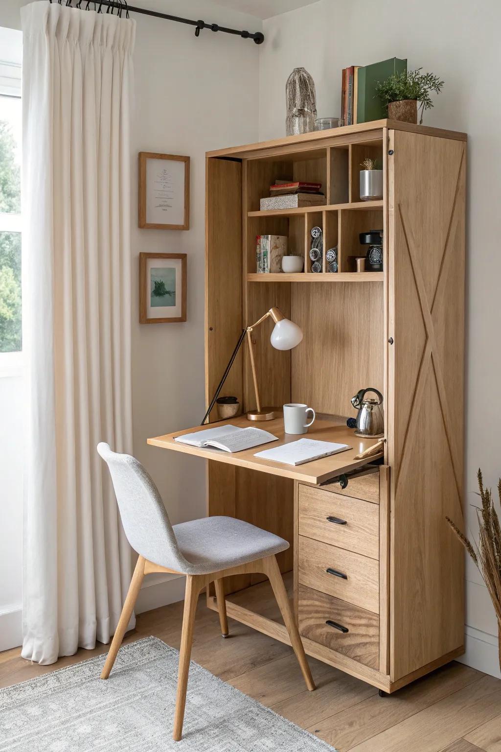 A fold-down closet desk that turns a tiny space into a calm, hidden workstation.