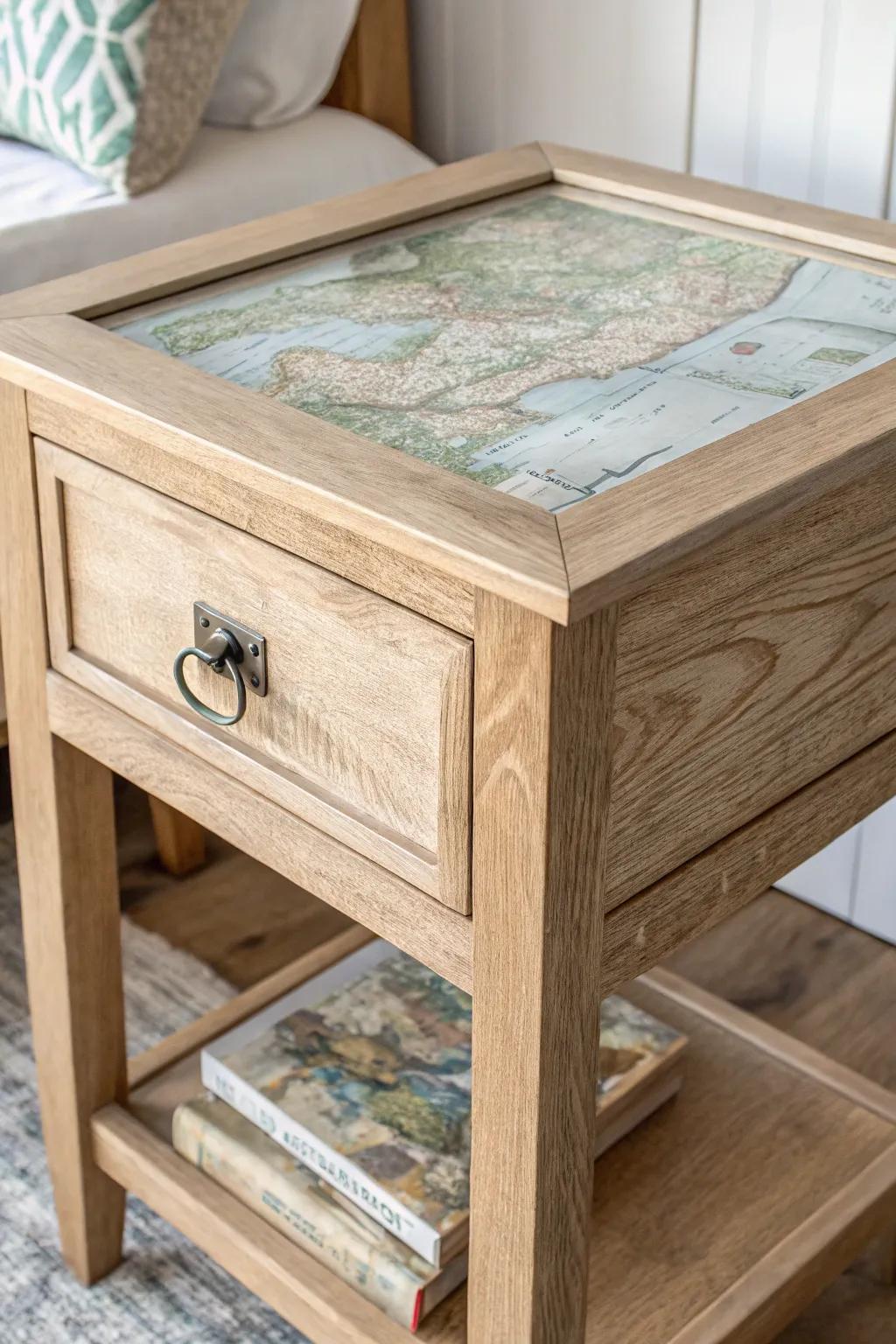 Muted nautical map inlay under clear finish—coastal farmhouse charm with heirloom craftsmanship.