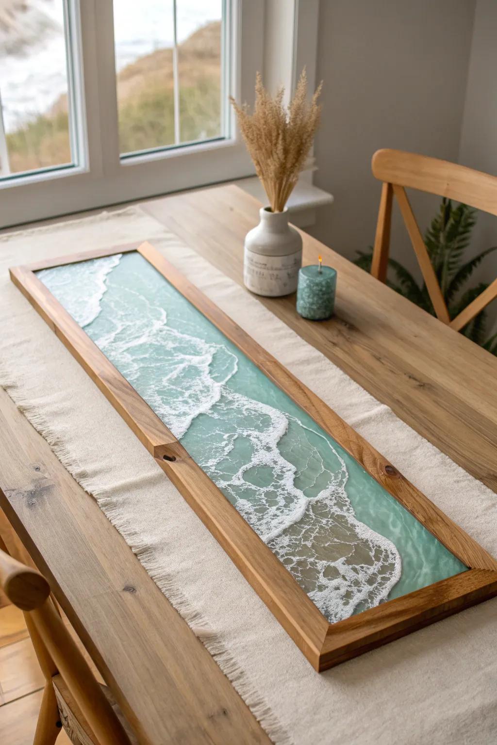 A reclaimed runner board with a wave-like resin inlay—instant shoreline calm for your table.