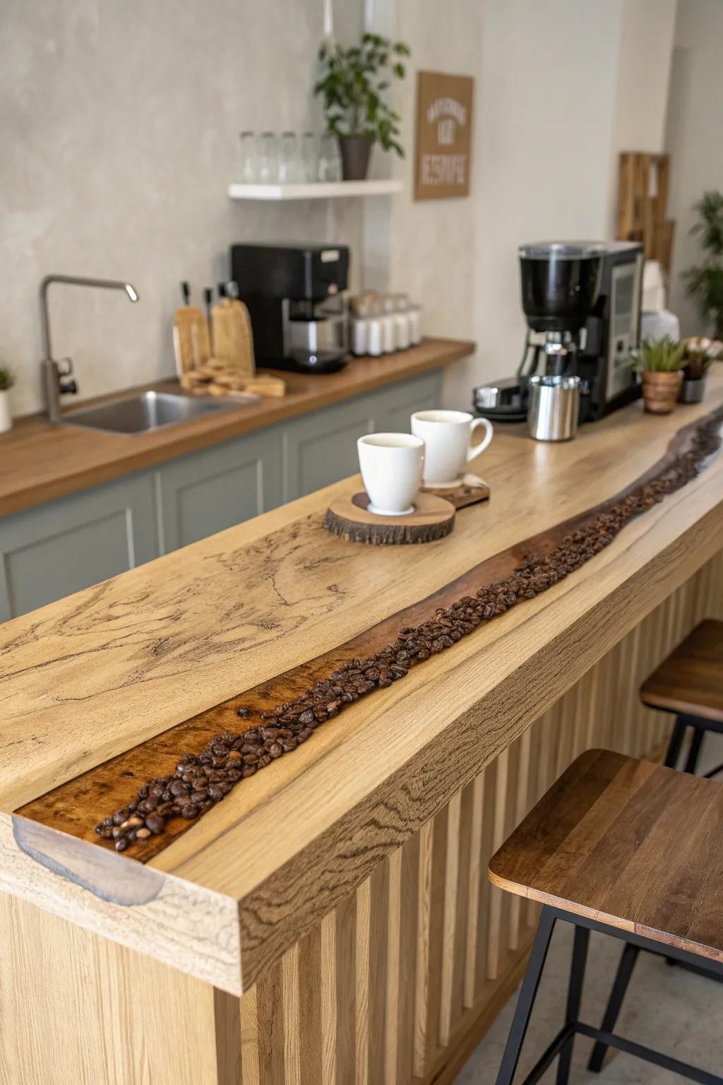 A slim amber resin “coffee river” inlay adds a handcrafted showstopper to any bar top.