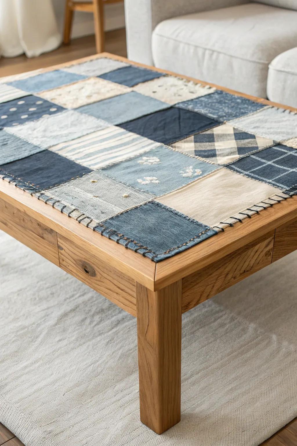 Denim-and-canvas patchwork cover that turns scraps into a chic, protective table topper.