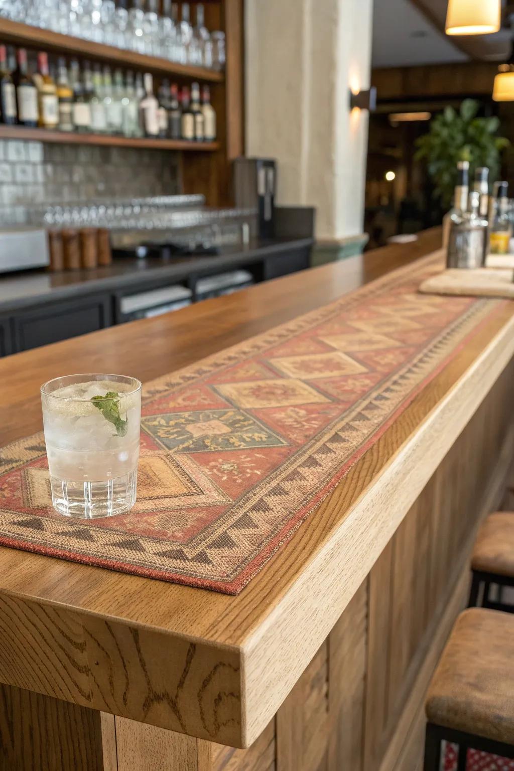 Vintage textile sealed under crystal-clear resin—an unforgettable bar top that’s pure functional art.