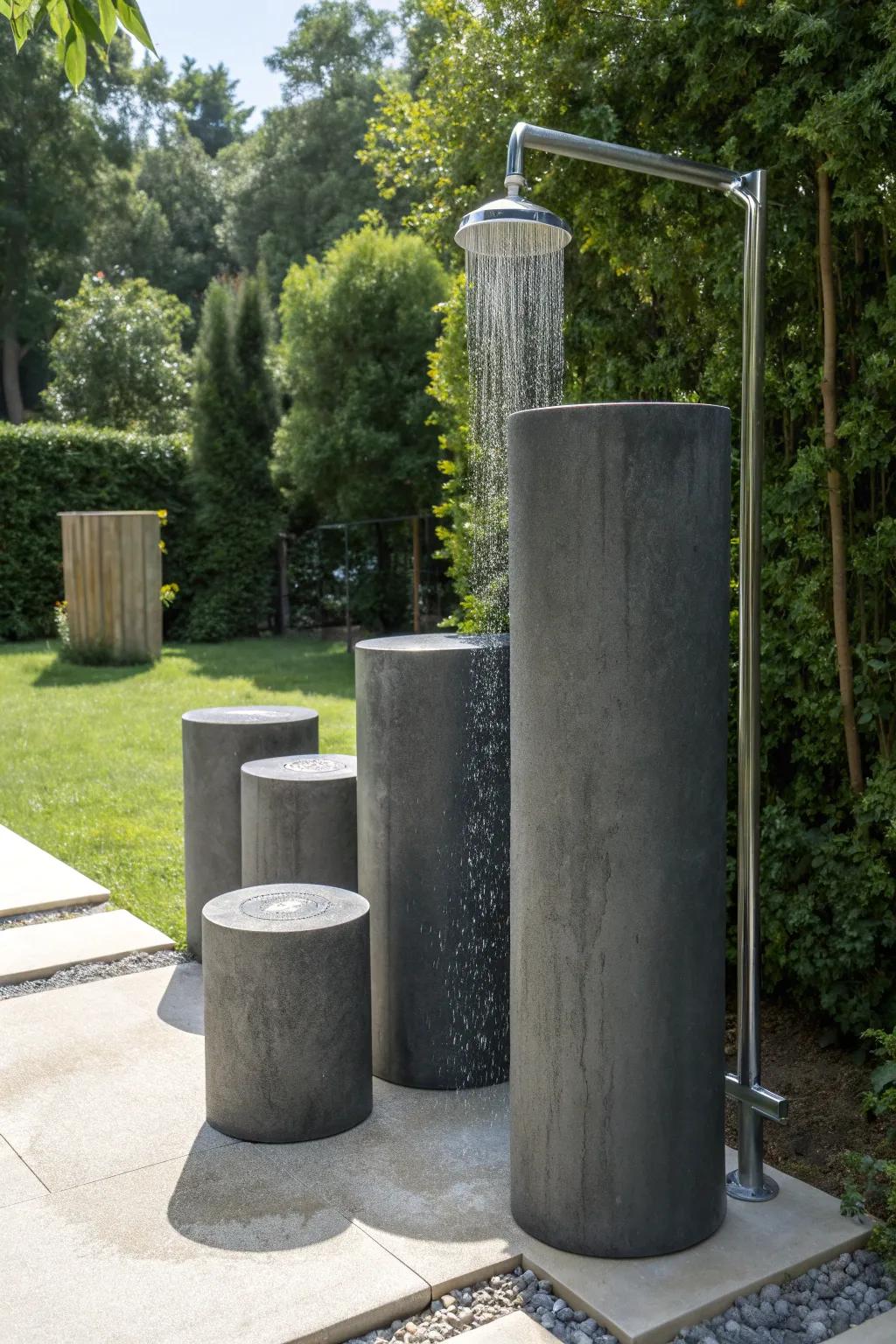 Enhance your garden with a luxurious, concrete cylinder outdoor shower—where craftsmanship meets elegance.