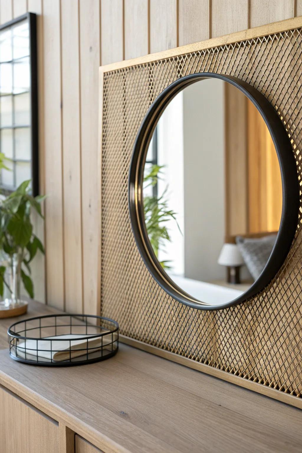 A round mirror layered over metal mesh—minimal, workshop-inspired depth above your console.