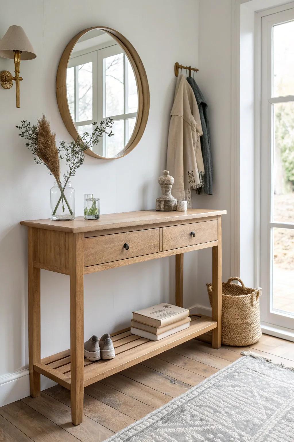 A serene dressing station: oak console table with mirror and hooks for tomorrow’s outfit.