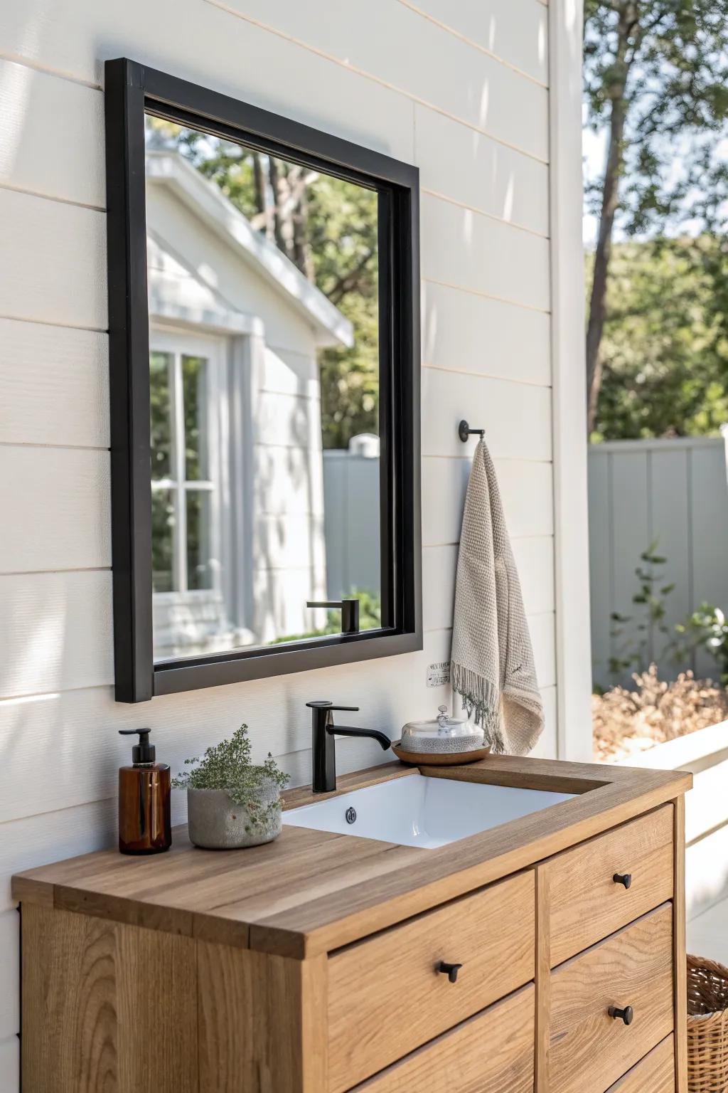 Matte-black wood trim makes a simple bathroom mirror feel intentional and elevated.
