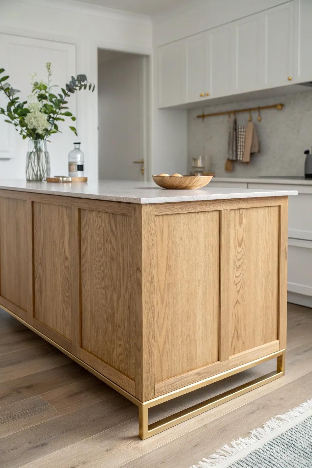 Warm oak meets brushed brass—an island base detail that adds modern contrast, softly.