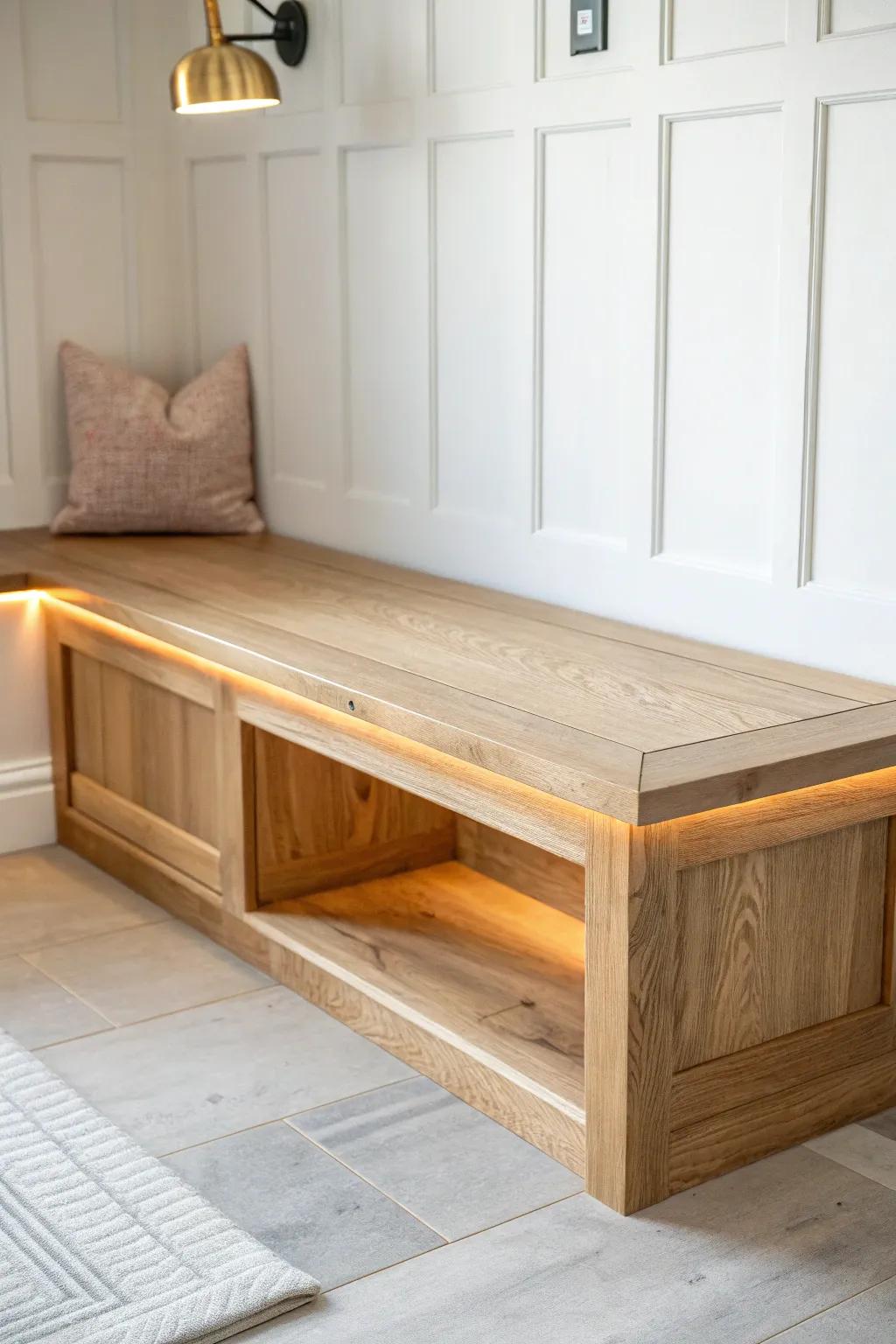 A corner bench that blends rustic grain with a sleek resin inlay and a soft underglow.