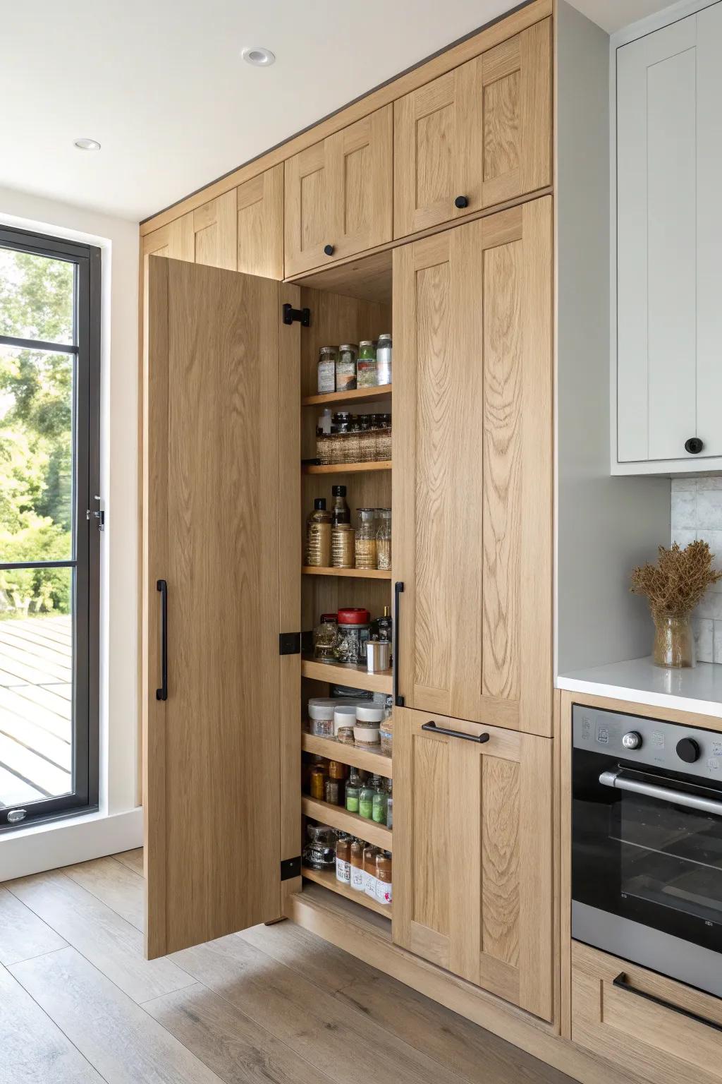 A hidden corner pantry that blends in—until it swings open and reveals smart storage.
