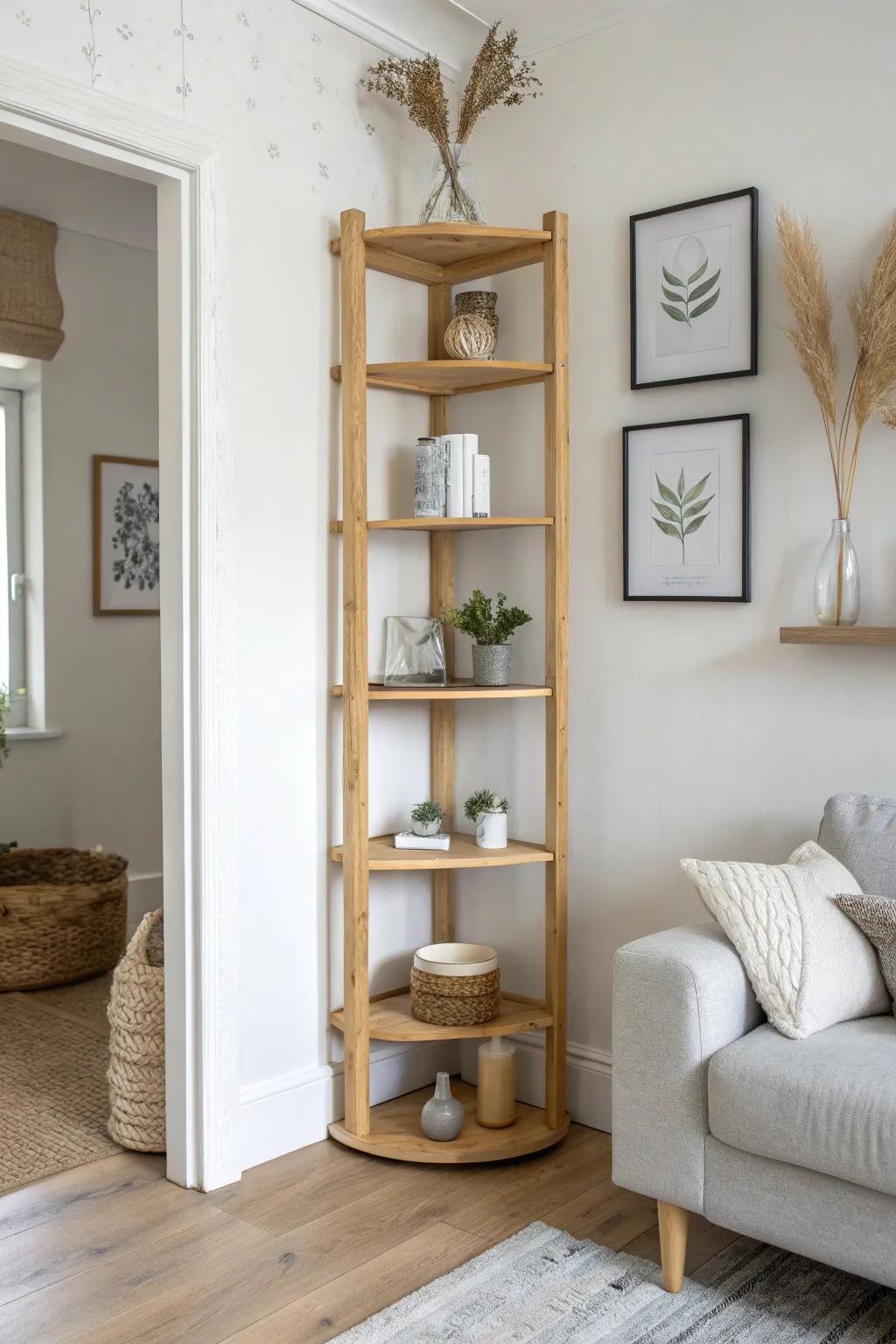 Rustic-meets-minimal: a sanded branch support turns a corner shelf into warm cabin charm.