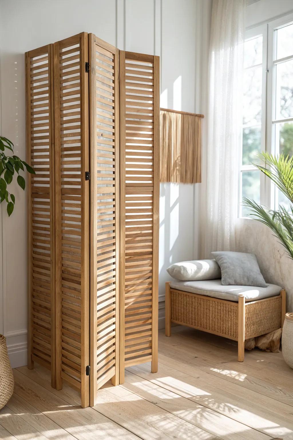 Slatted pine divider creates a cozy corner nook—light and shadows add instant warmth.