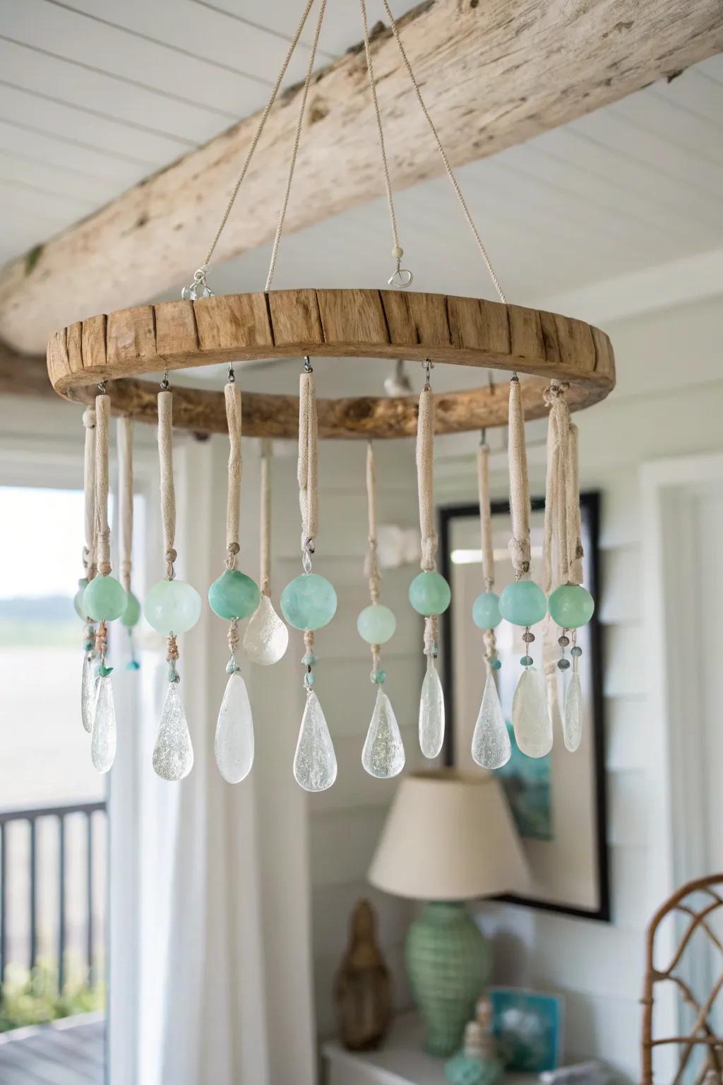 Sun-bleached driftwood + sea-glass drops for an airy, coastal cottage chandelier moment.