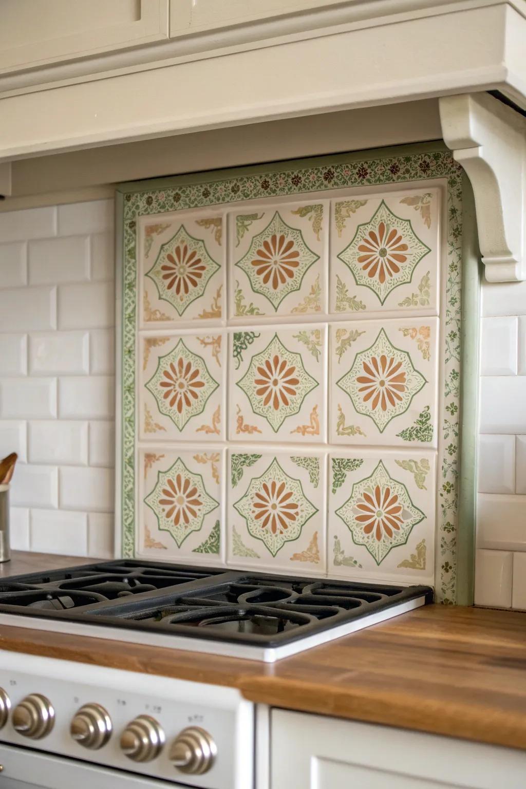Framed “inset rug” tile behind the range—heirloom cottage charm without full-pattern overload.