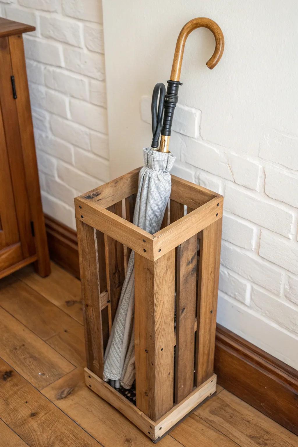 DIY wooden-crate umbrella & cane stand—cottage charm with clean Scandinavian simplicity.