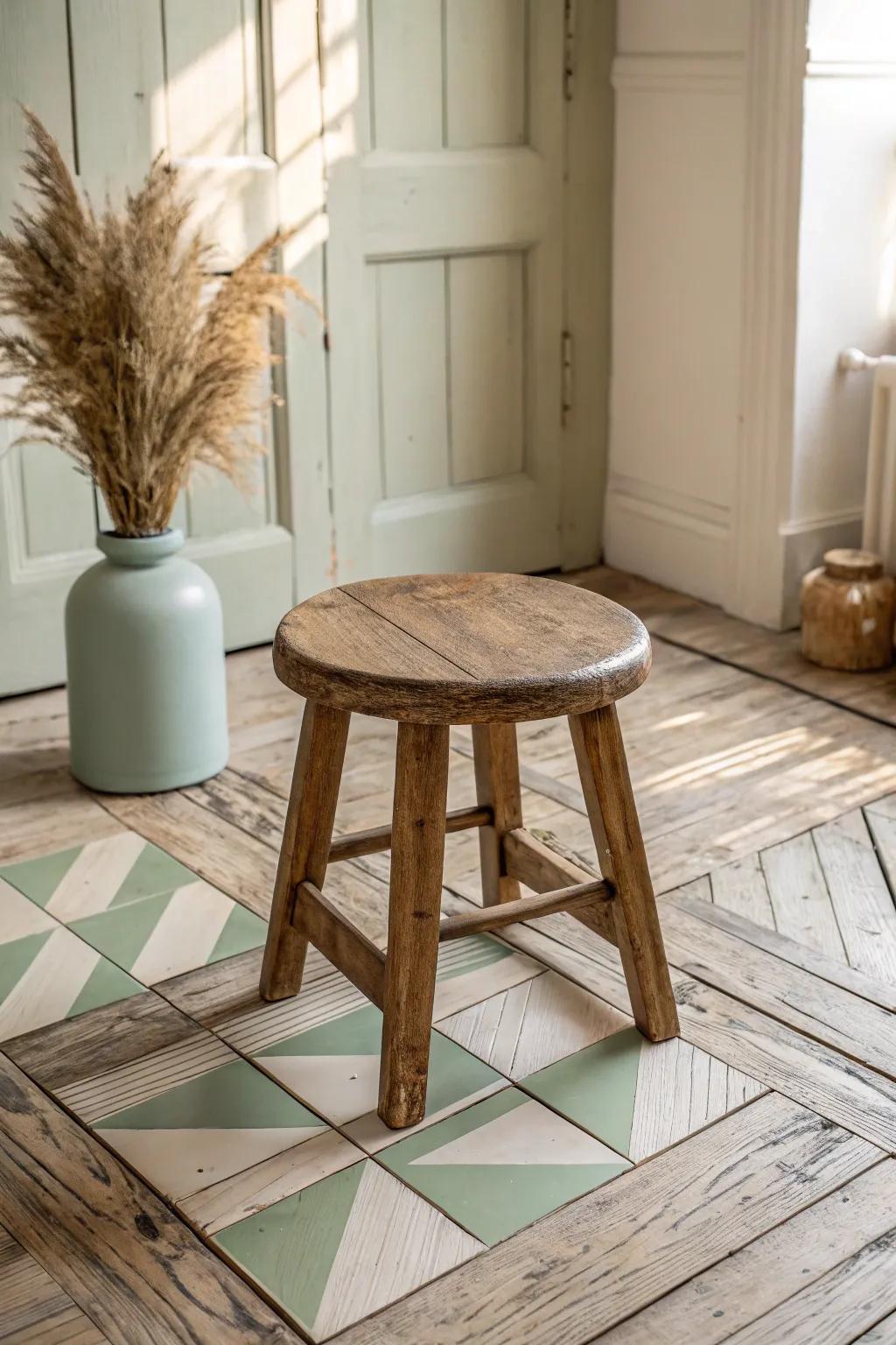 Muted checkerboard painted wood floors—soft cottage charm that turns worn boards into a feature.
