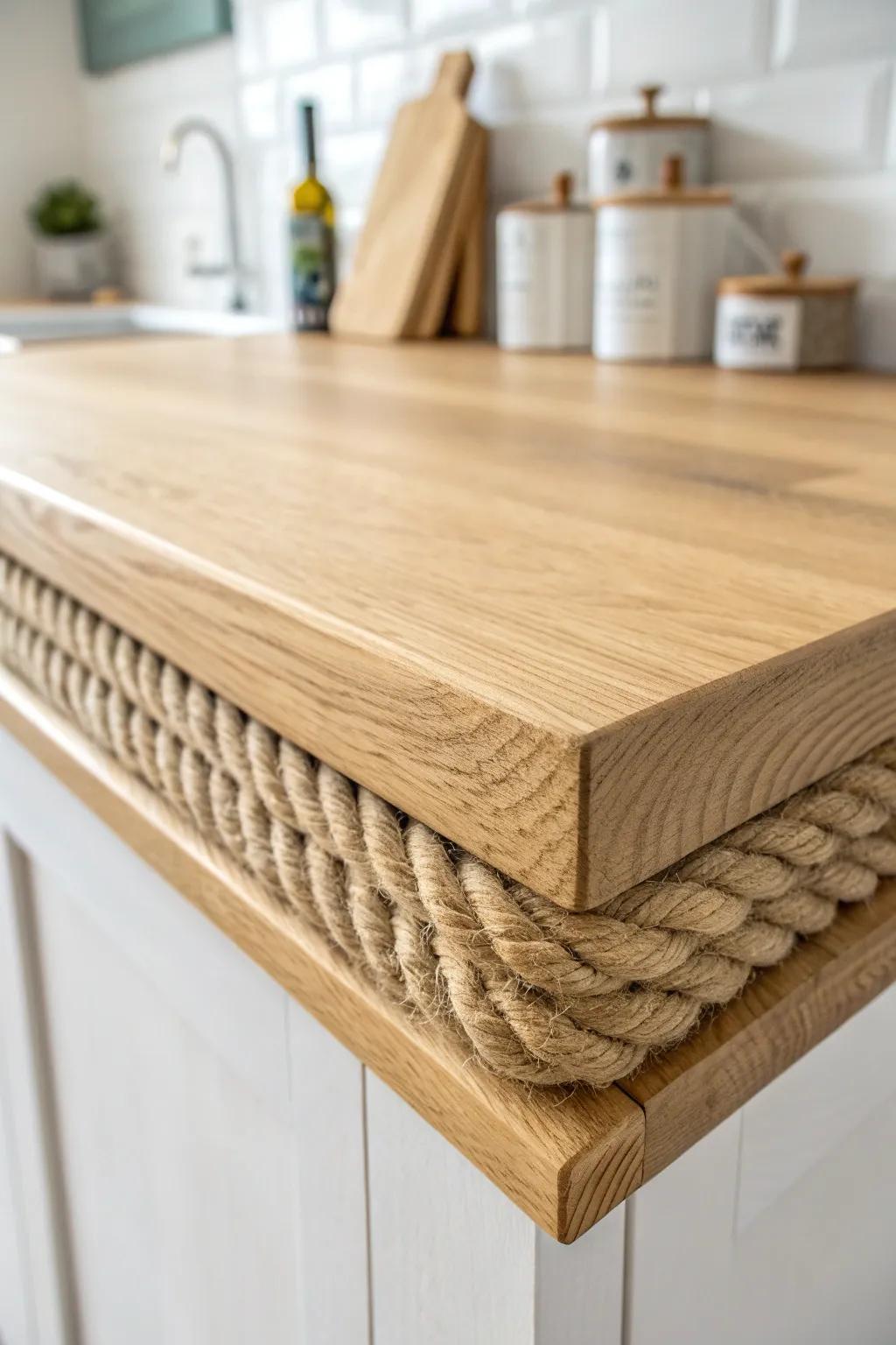 Flush rope inlay turns a simple wood countertop edge into a cozy nautical, handcrafted trim.