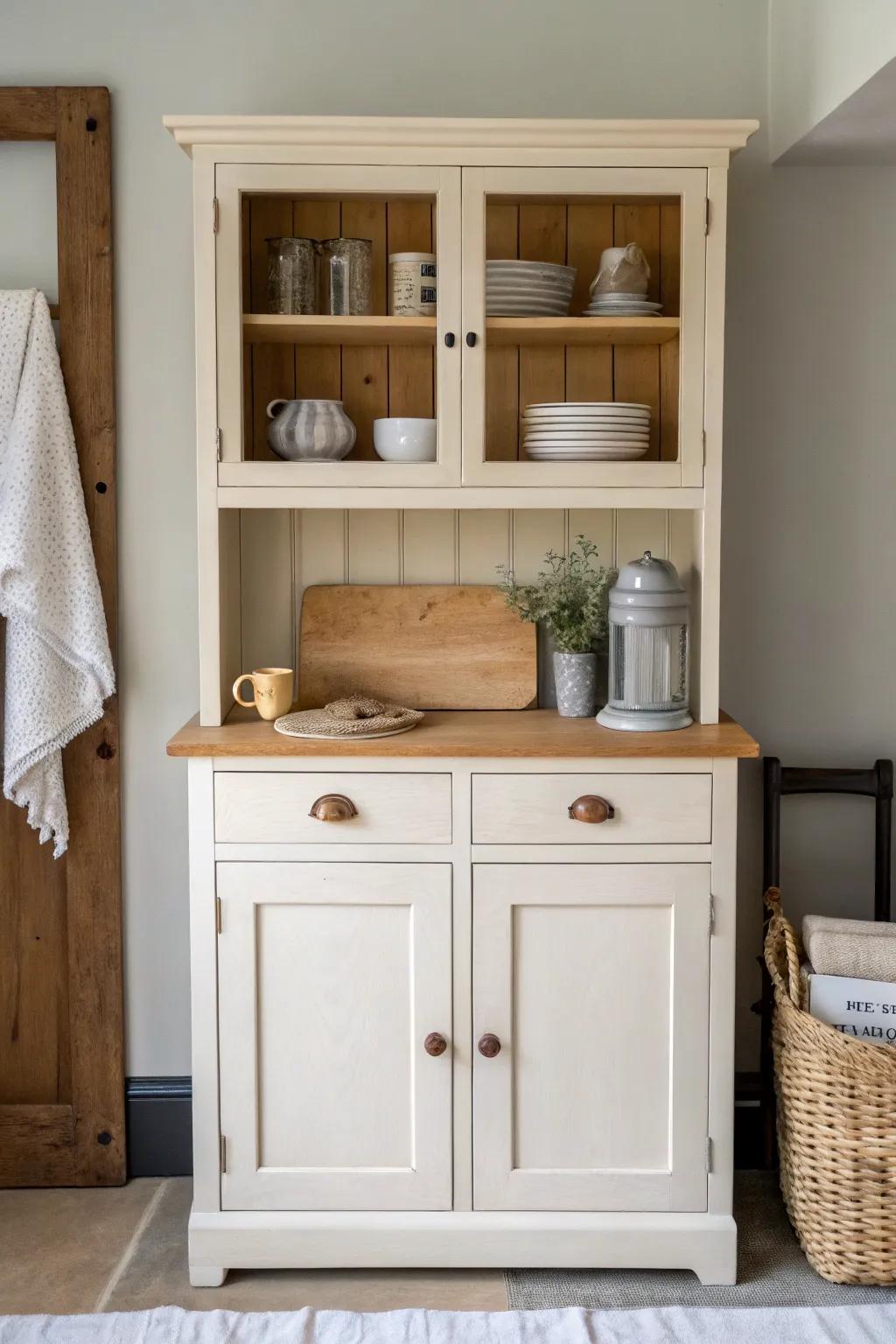 Vintage cottage hutch, calm styling—plus a hidden power strip for a modern, clutter-free twist.