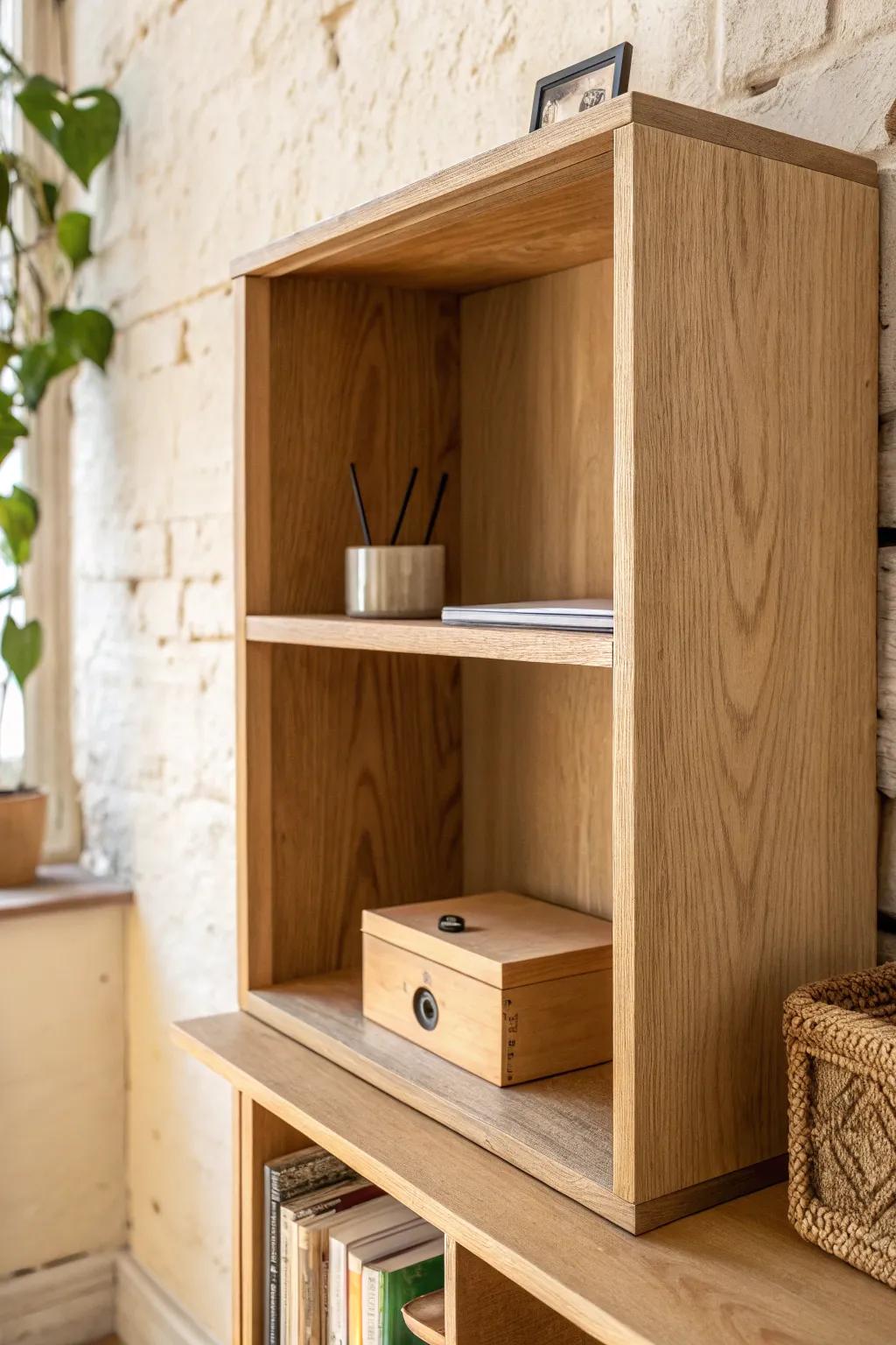 A clever cube shelf: the lower compartment hides a fold-down desk that appears in seconds.
