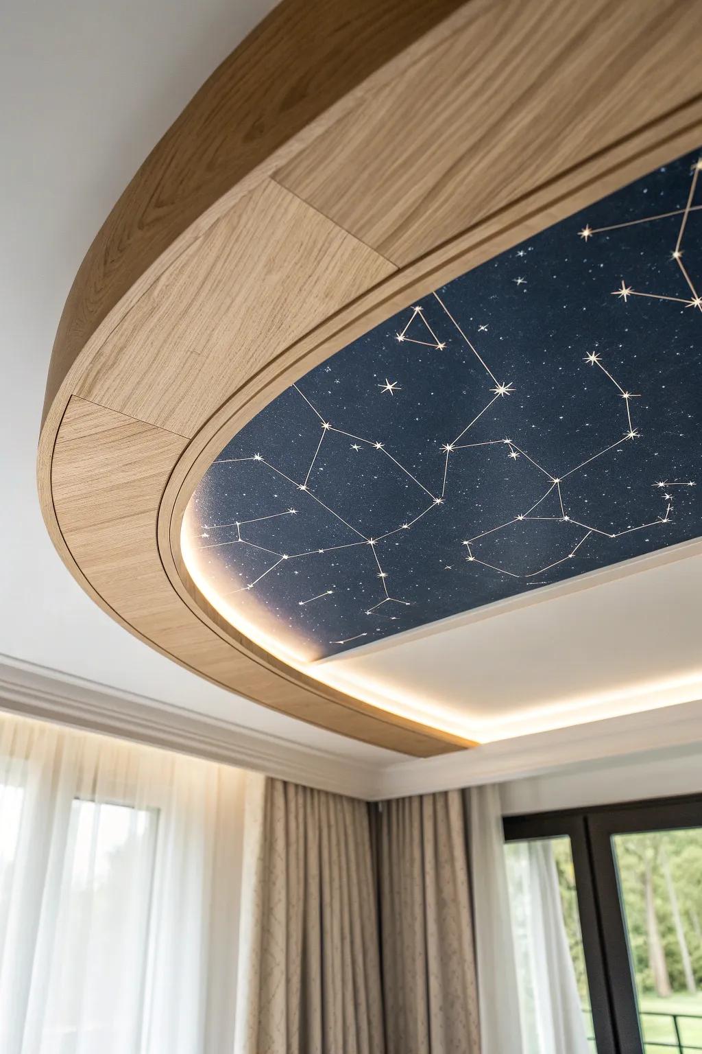 A curved wood cove with a midnight resin star map inlay—minimal, dreamy, handcrafted impact.