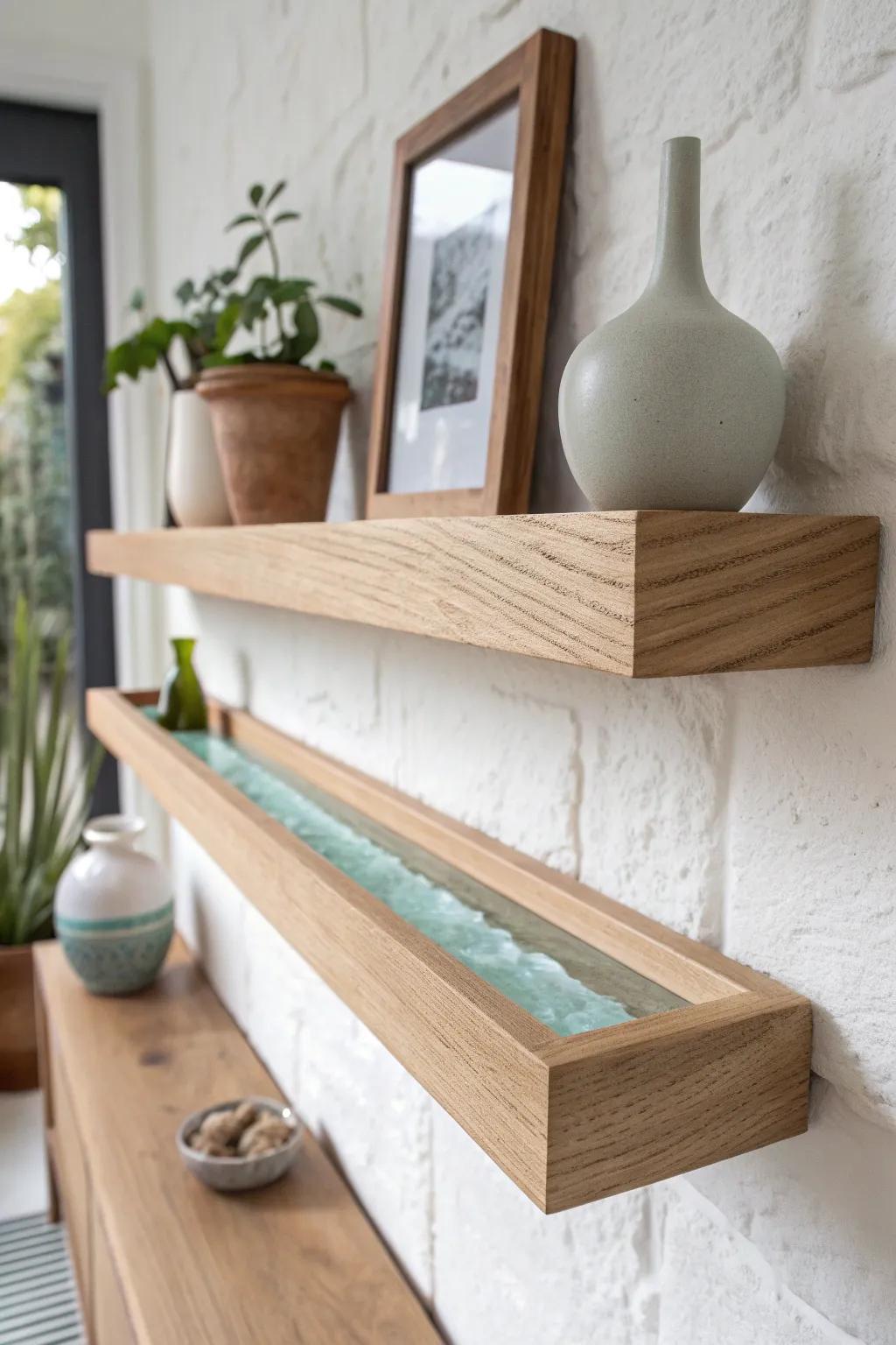 A handcrafted oak shelf with shimmering resin inlay—simple, airy, and made to stand out.