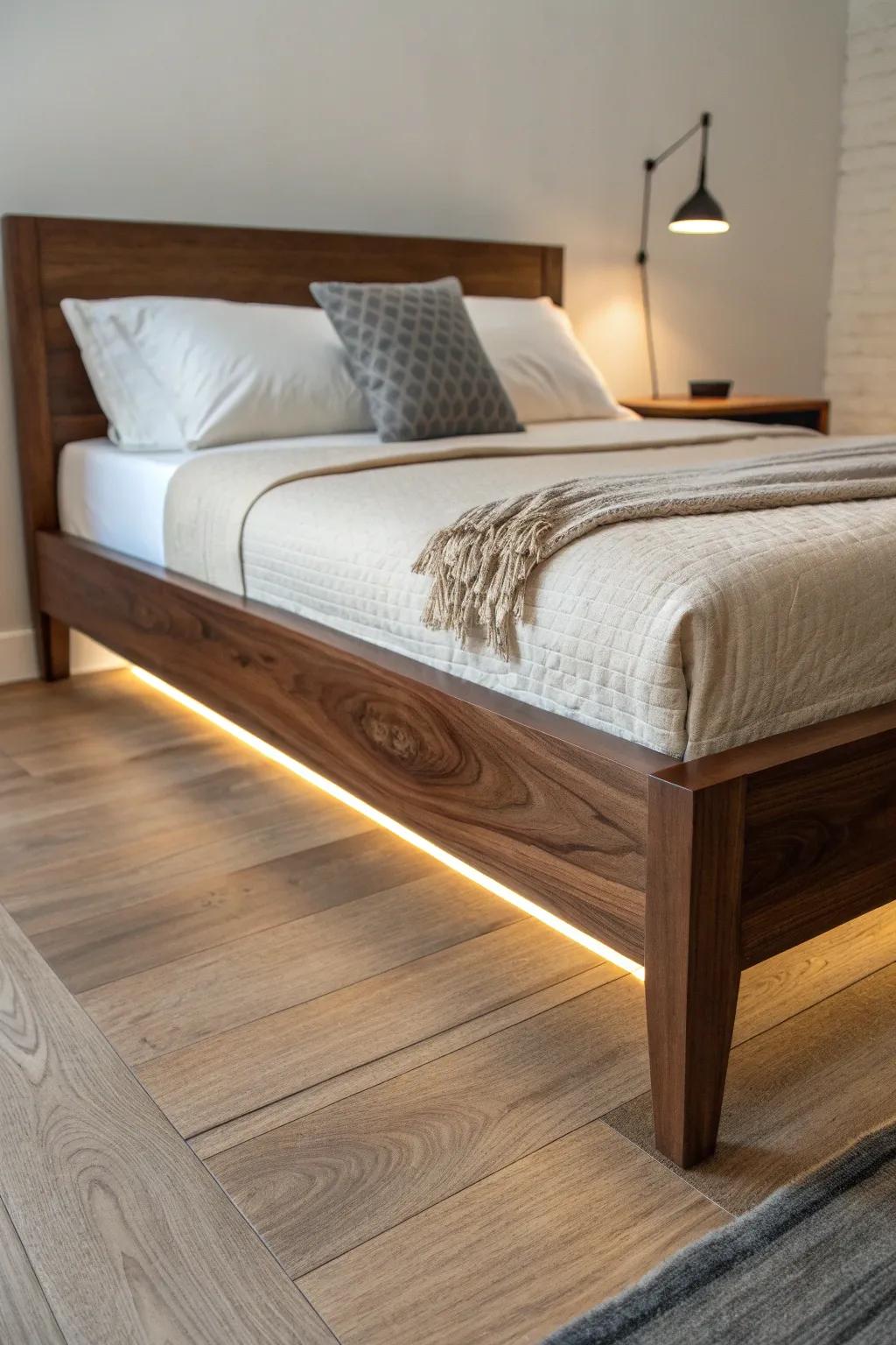 Dark walnut platform bed with hidden warm LEDs—floating glow for a luxe minimalist bedroom.