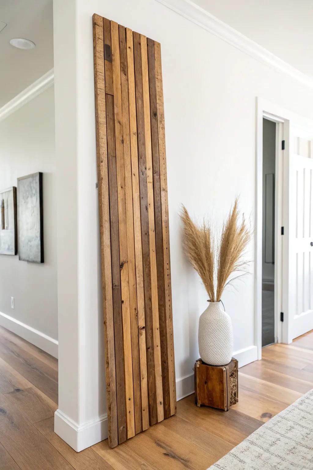 Reclaimed wood slat accent adds height and texture—perfect decor for a narrow hallway.