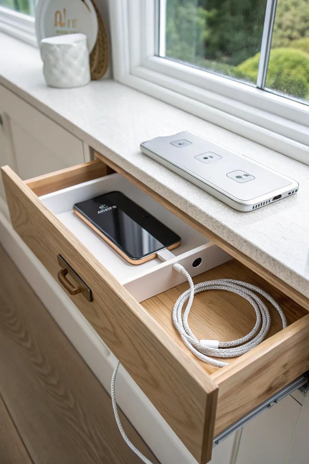 A secret charging drawer under a deep window sill—cords hidden, oak detail seamless.