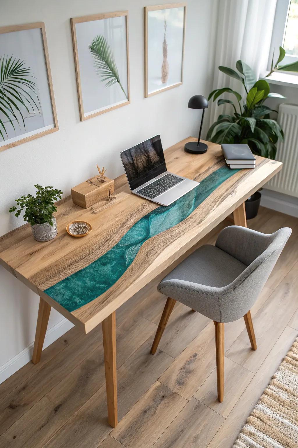 Resin river desk with tiny keepsakes—minimal, Nordic, and beautifully story-filled.