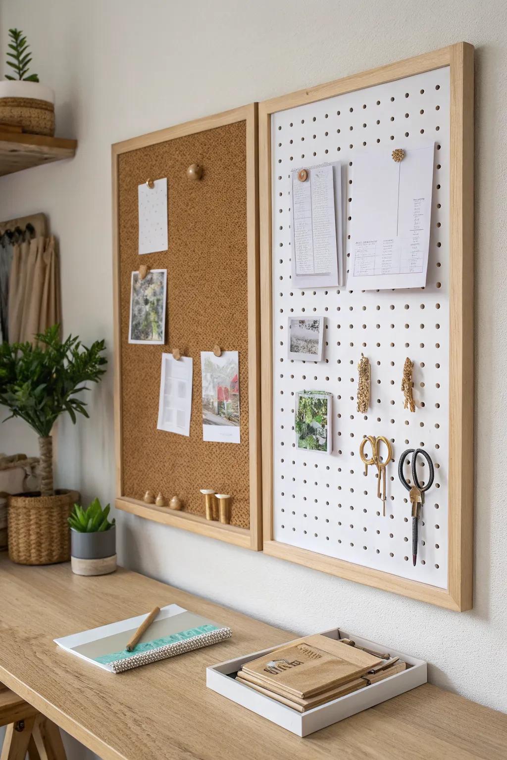 Cork-meets-pegboard bulletin board: pin reminders, hang essentials, and keep your desk serene.