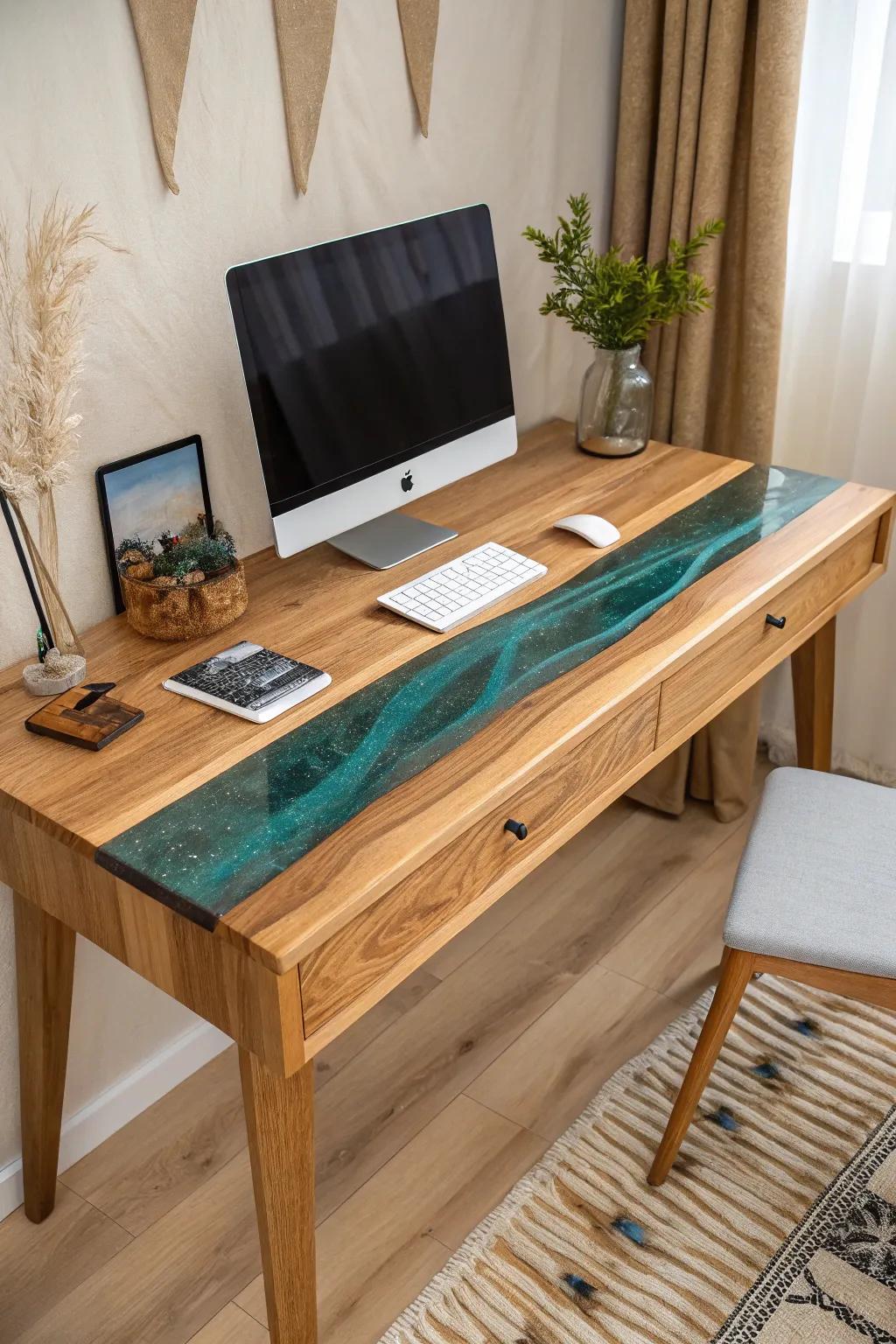 A sleek wood desktop with a glowing resin “river” inlay—minimal, modern, and artful.