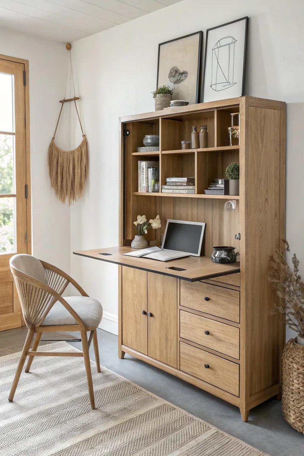 Double Murphy desk cabinet: two fold-down workstations, one clean wall and calm space.