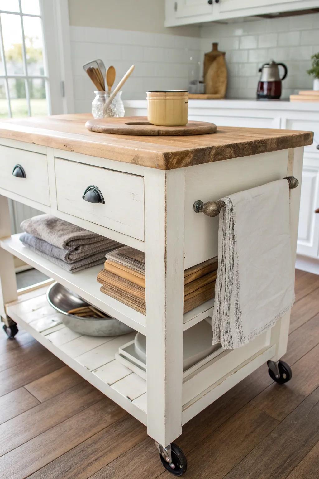Upcycle an old dresser into a rolling kitchen island with a thick wood top and hidden storage.