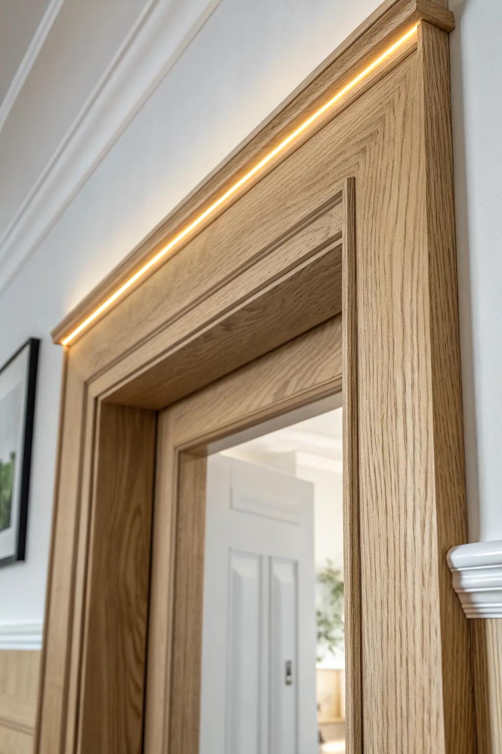 Hidden LED on a header ledge transforms simple doorway moulding into a soft-glow feature.