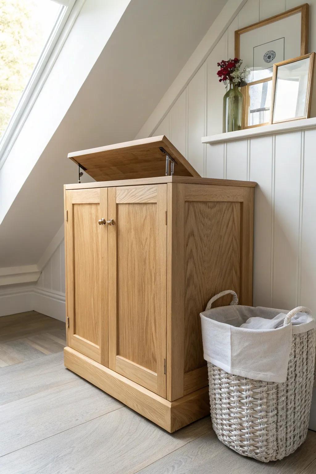 Pull-down hamper cabinet in the knee wall—hide laundry fast and keep dormer floors clear.