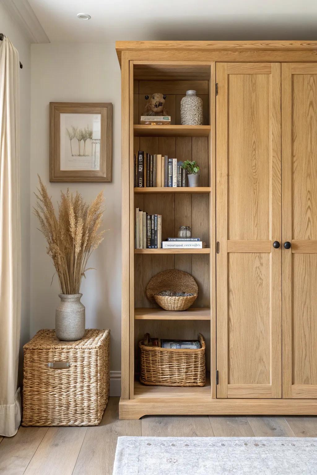 A hidden pantry behind bookshelf-style double doors—minimal, warm oak, and full of surprise.