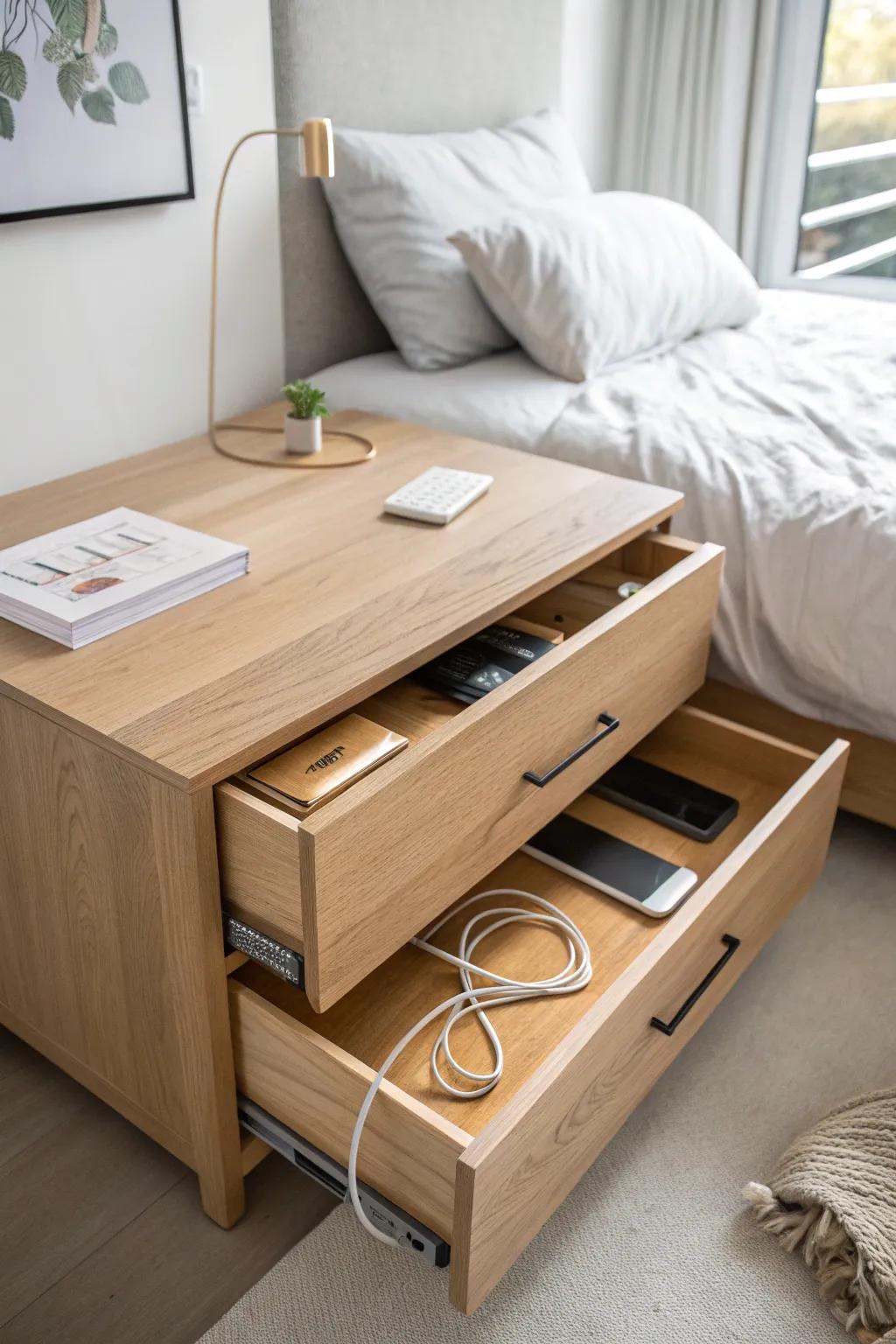 A hidden charging drawer keeps your foot-of-bed dresser sleek, calm, and cord-free.