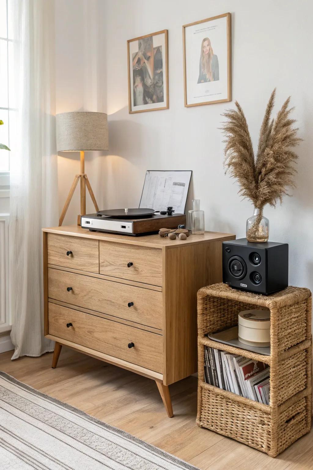 Turn a dining-room dresser into a chic music nook—vinyl storage below, styled top above.