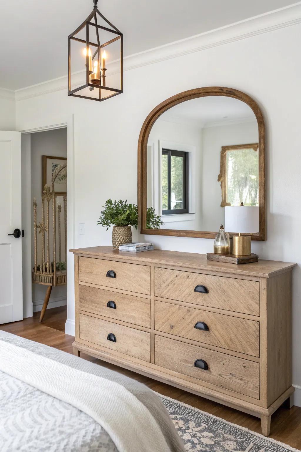 Farmhouse-clean clip-on sconce look with a stained wood backplate—instant dresser mirror upgrade.